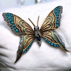 Vintage Unsigned Jomaz Mazer Green Enamel Blue Beads Large Butterfly Brooch